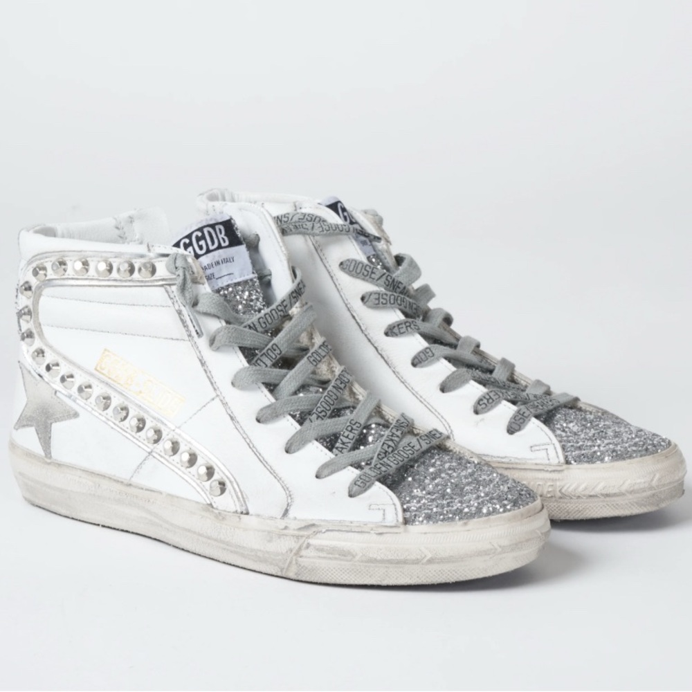 Golden Goose White Silver Glitter High-Top Sneakers